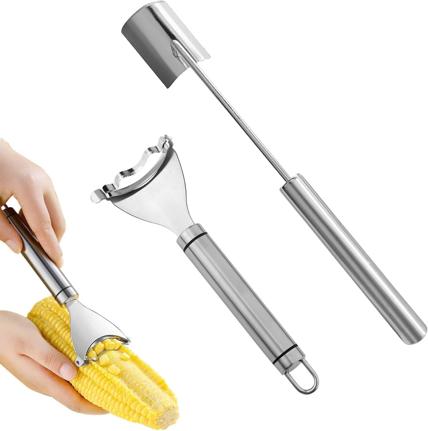 2 Pcs Corn Peeler Set with Long & Short Handle – Stainless Steel Corn Stripper Tools for Raw & Cooked Corn – Durable Kitchen Gadgets for Home, BBQ & Restaurant Use