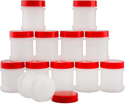 Cornucopia Brands Mini Plastic Spice Jars w/Sifters (12-Pack, Red); 2 Tablespoon Capacity (1 Fluid Ounce) Spice Bottles for Travel, Glitter, Gifts, Favors, Etc.