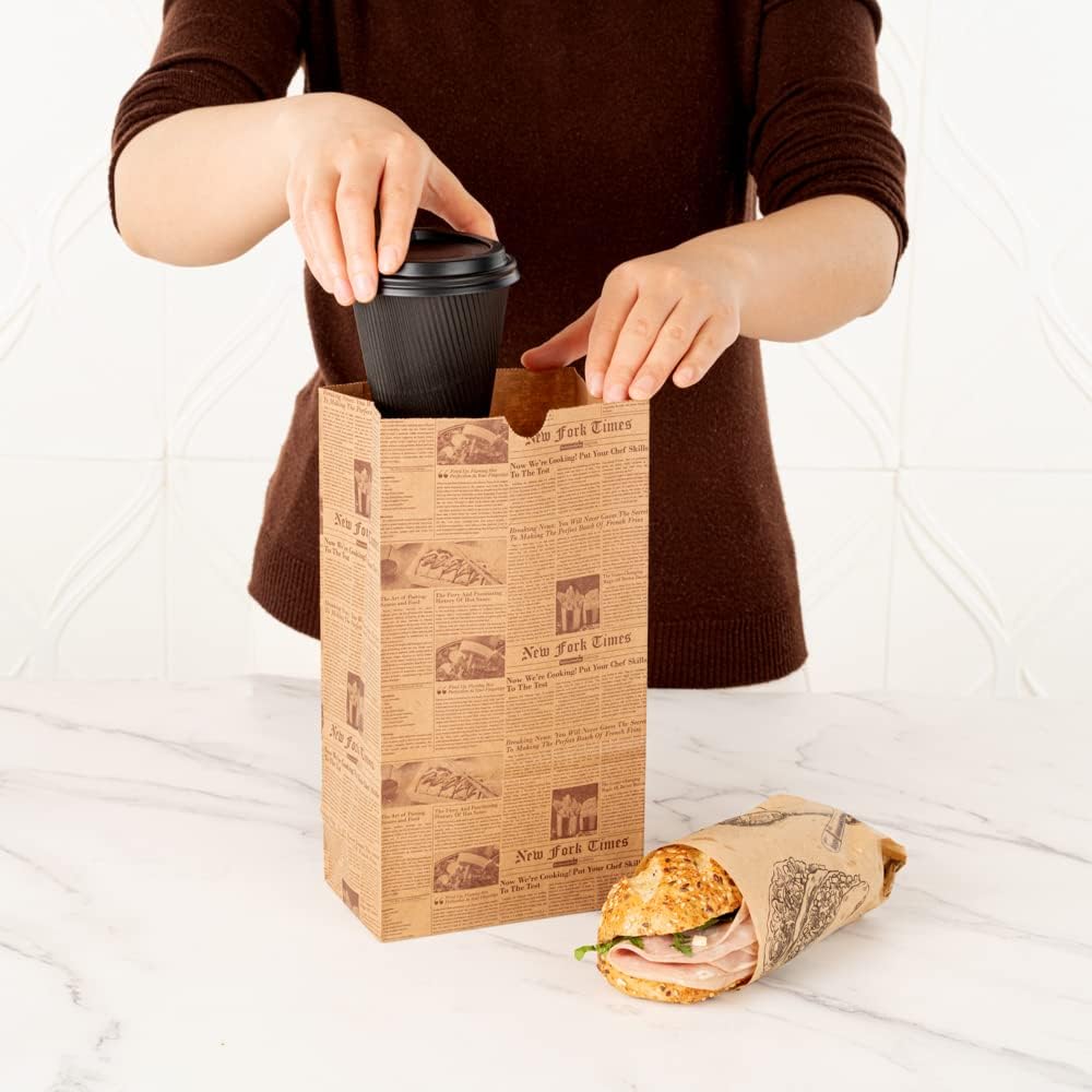 Restaurantware Bag Tek 6 Lb Disposable Lunch Bags 100 Sturdy Take Out Bags - Flat Bottom Microwavable Kraft Newsprint Design Paper Bags Freezable Great For Restaurants Cafes And Bakeries