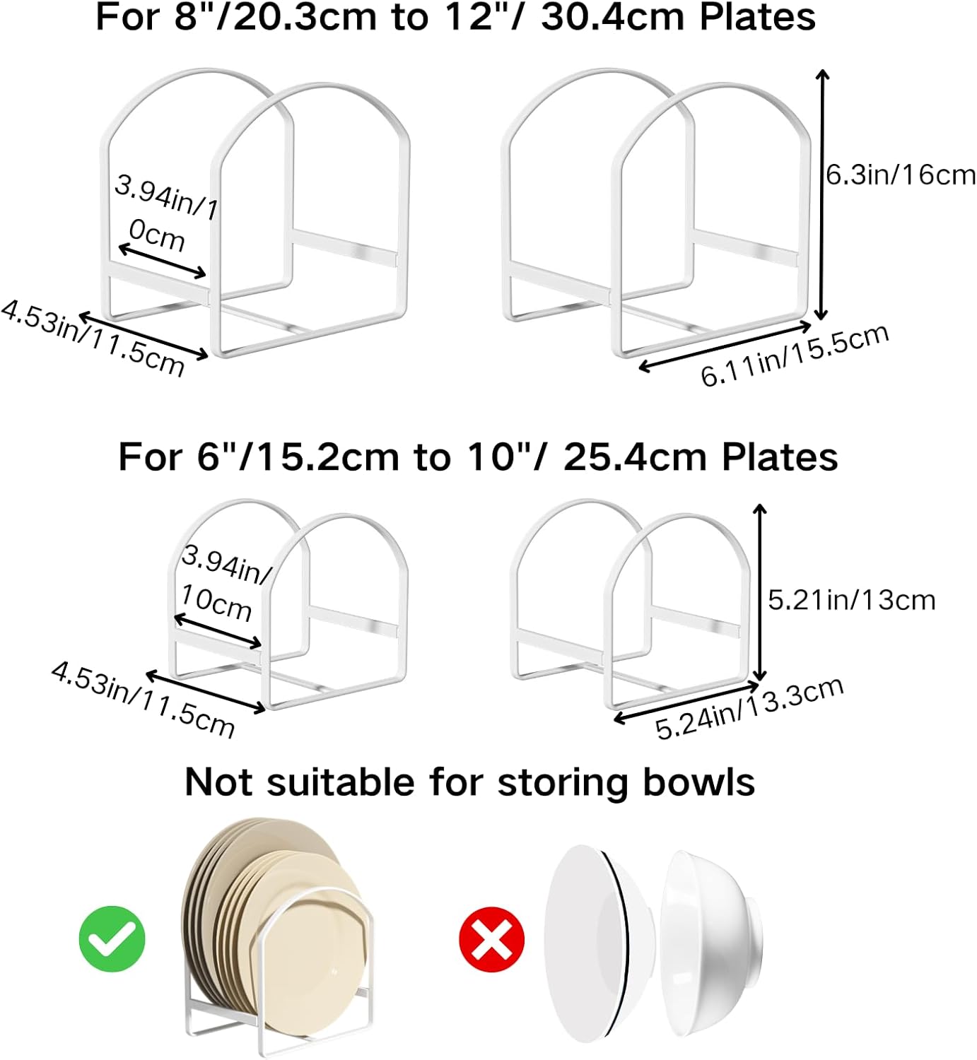 4 Pack Kitchen Plate Holder Organizer for Cabinet Space Saver Dinner Dish Storage Rack Upright Dish Drying Racks Metal Plate Dish Racks Stand for Cupboard and Countertop 2 Large 2 Small White
