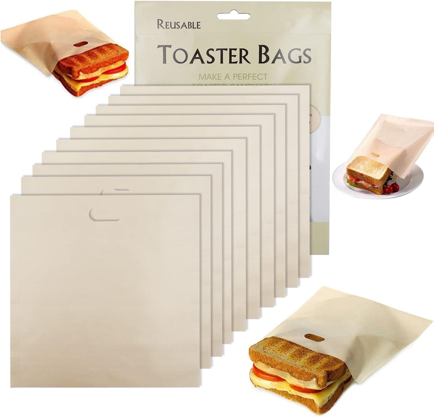 Toaster Bags Reusable for Grilled Cheese Sandwiches | Safest On The Market - 100% BPA & Gluten Free | Non Stick Toast Bag (10PCS)