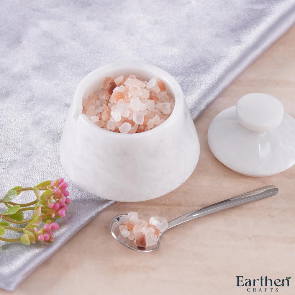 Marble Salt Cellar With Lid & Spoon White 3" Inches Salt Box, Salt Bowl, Sugar Container for Kitchen Countertop, Salt and Spice Holder & Jewelry Storage