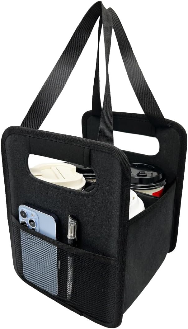 Reusable 4 Cup Drink Carrier with Handle and Adjustable Dividers, Insulated Caddy for Take Out, Foldable Coffee Cup Holder for Hot & Cold Drinks (Black)