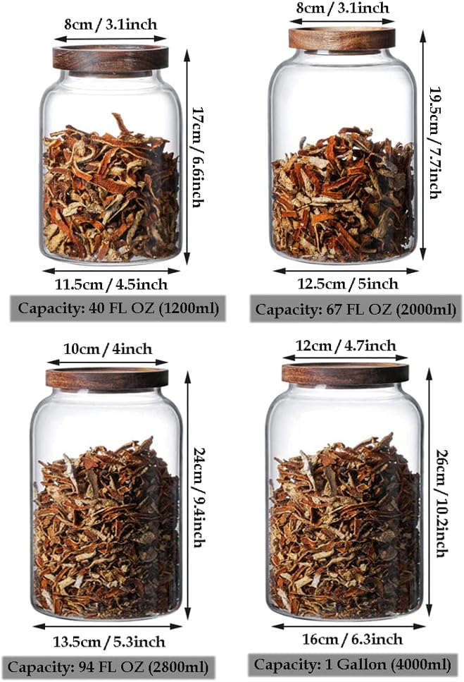 Large Glass Jars with Airtight Wooden Lid, Food Storage Glass Canister, Clear Cereal Storage Container for Flour, Sugar, Coffee Beans, Snack (40 FL OZ (1200ml))