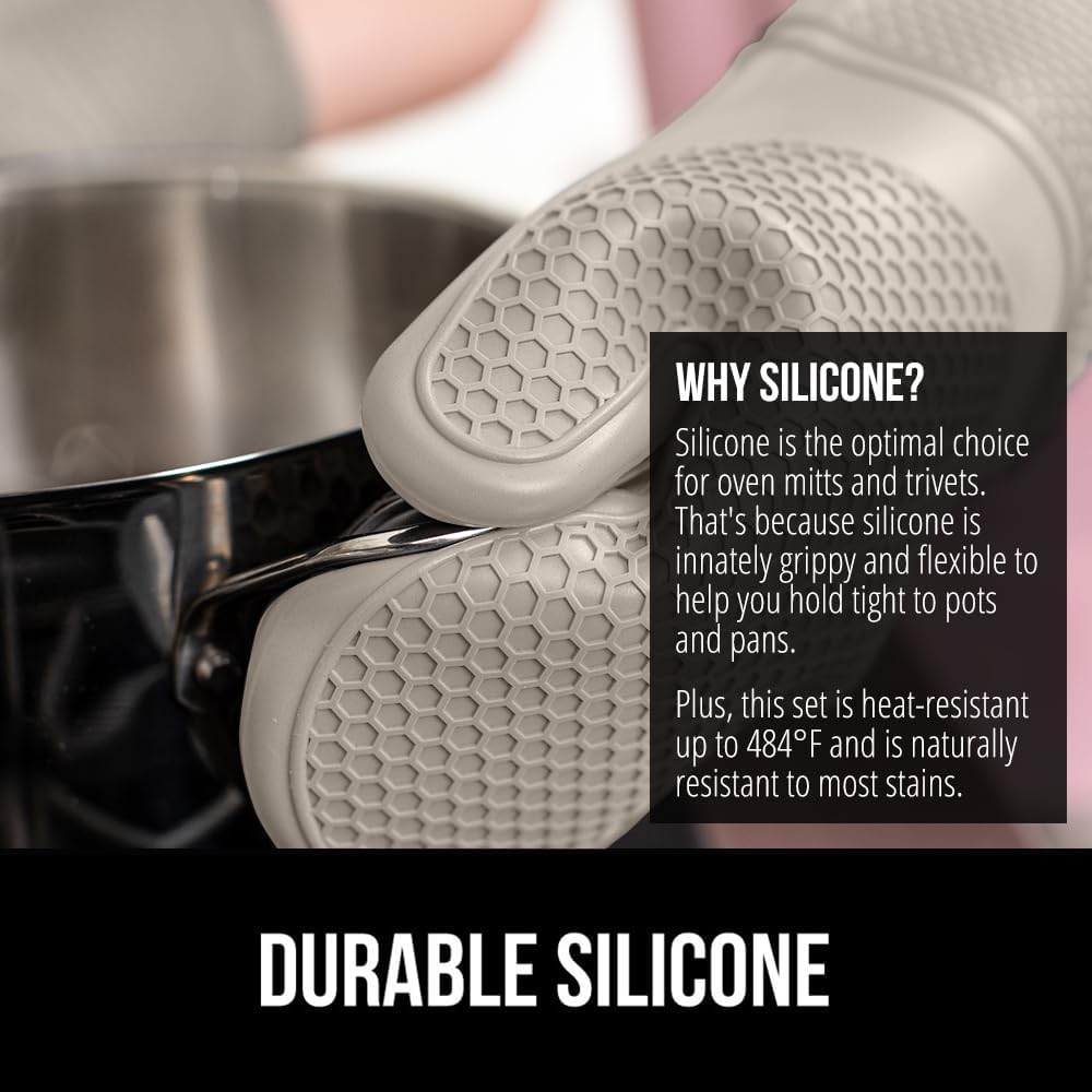 GORILLA GRIP BPA-Free Soft Silicone Oven Mitts and Pot Holders Sets of 4, Heat Resistant Waterproof Cooking Gloves, Thick Cotton Lining, Flexible Gripping for Baking Grilling, Kitchen Trivets, Almond