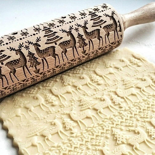 Christmas Wooden Rolling Pin for Baking Engraved Embossing Rolling Pin Cookie Stamps Roller Square Grid Cookies Mold Kitchen Decor Tools for Baking Embossed Cookies (Elk)