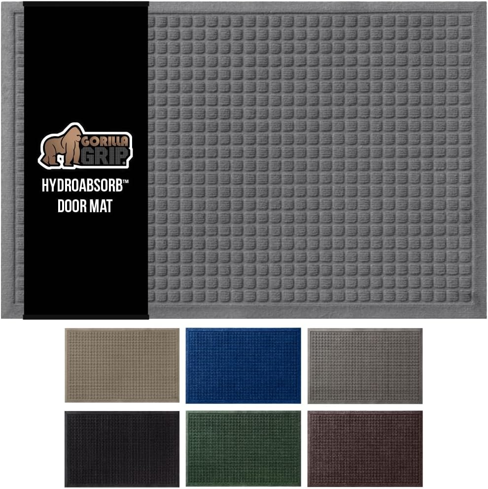 GORILLA GRIP Front Door Mat, 72x24, Indoor Outdoor Ultra Absorbent HydroAbsorb Doormat, Absorbs Up to 2.75 Cups of Water, Stain and Fade Resistant, Rubber Backing Doormats, Captures Dirt, Gray