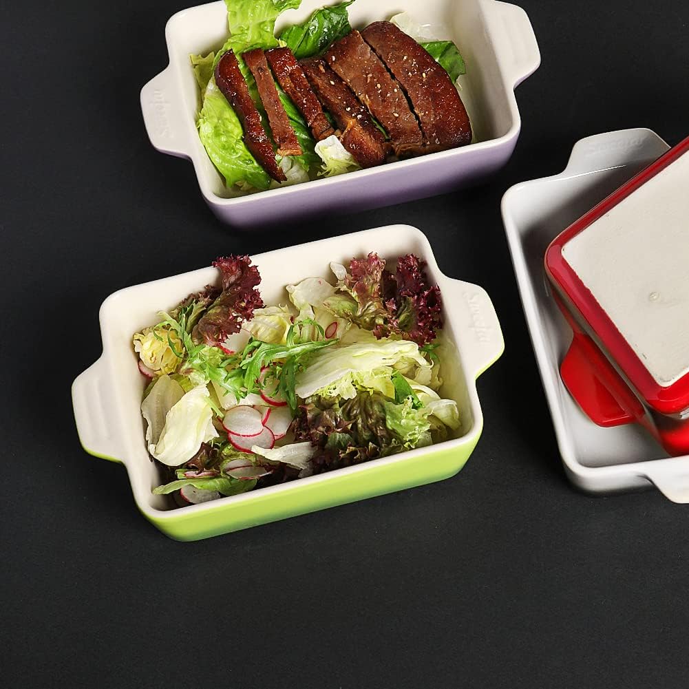 Sweejar Ceramic Baking Dish, Rectangular Small Baking Pan with Double Handles, 20 Oz for Cooking, Brownie, Kitchen, 6.5 x 4.9 x 1.8 Inches (Gradient Red)