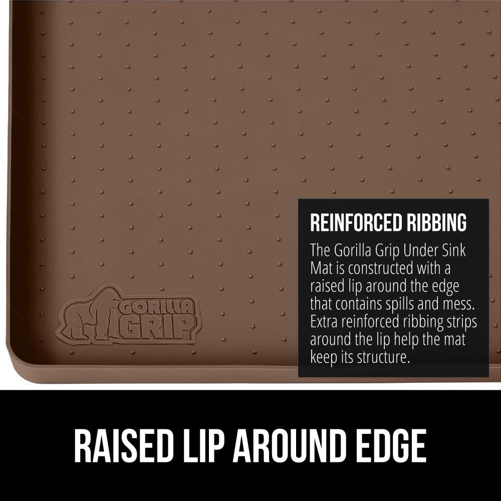 GORILLA GRIP Waterproof Silicone Under Sink Mat with Raised Lip for Kitchen and Bathroom, 34 x 22 in, Cabinet Shelf Liner Stay in Place Mats Dishwasher Safe Drawer Liner, Organizer Tray, Coffee
