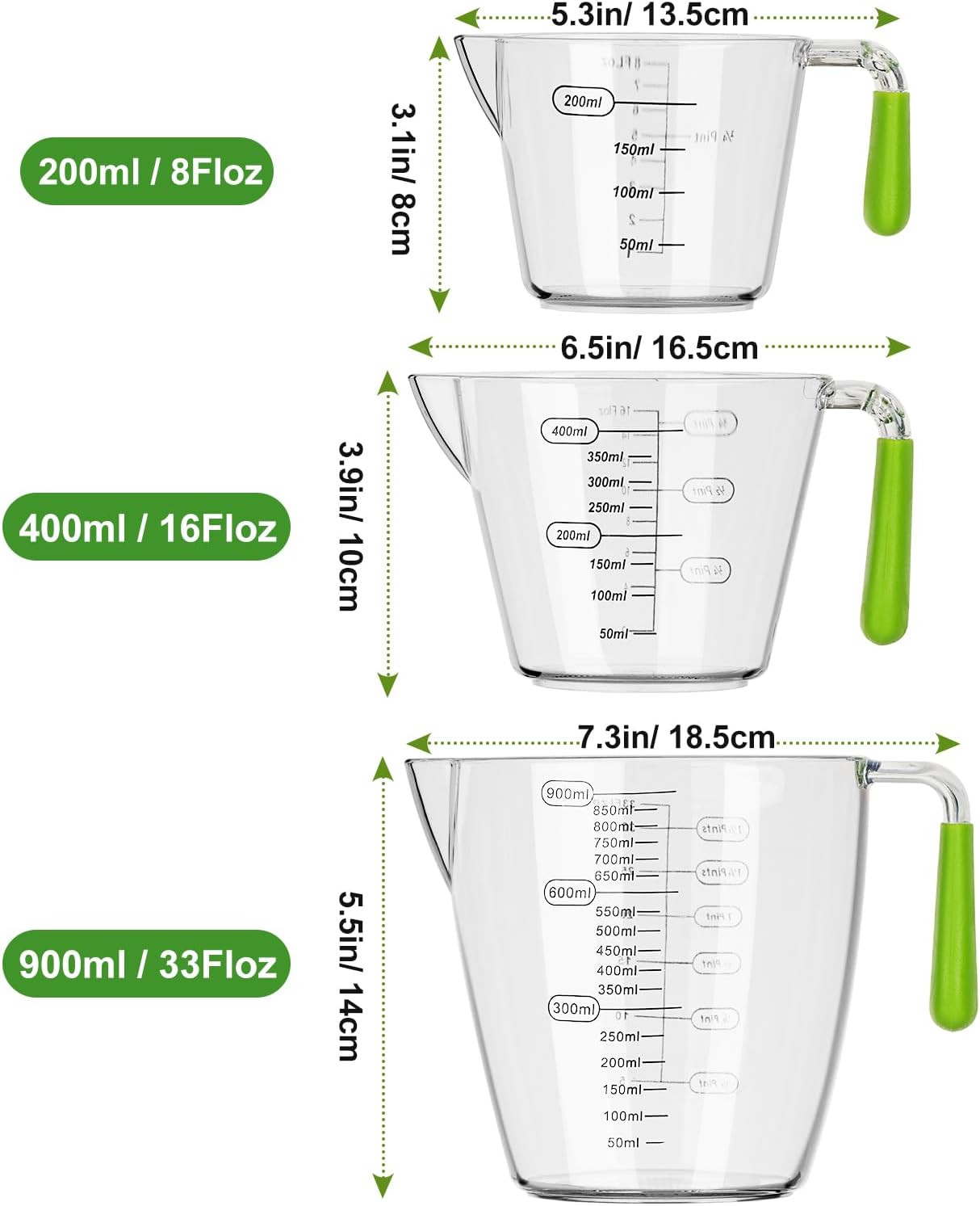 Plastic Measuring Cups Set, 3Pcs BPA Free Stackable Clear Measuring Cup with Spout and Angled Grip Handle, Includes 1 Pint, Oz, ML Measurement for Kitchen Cooking