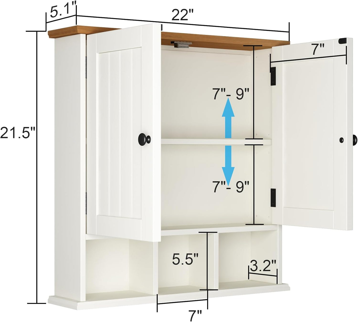 ChooChoo Bathroom Cabinet Wall Mounted 2-Door with 3 Open Shelves， Wooden Medicine Cabinets with Adjustable Shelf，Space Saver Storage Cabinets Over The Toilet for Bathroom&Living Room,White Brown