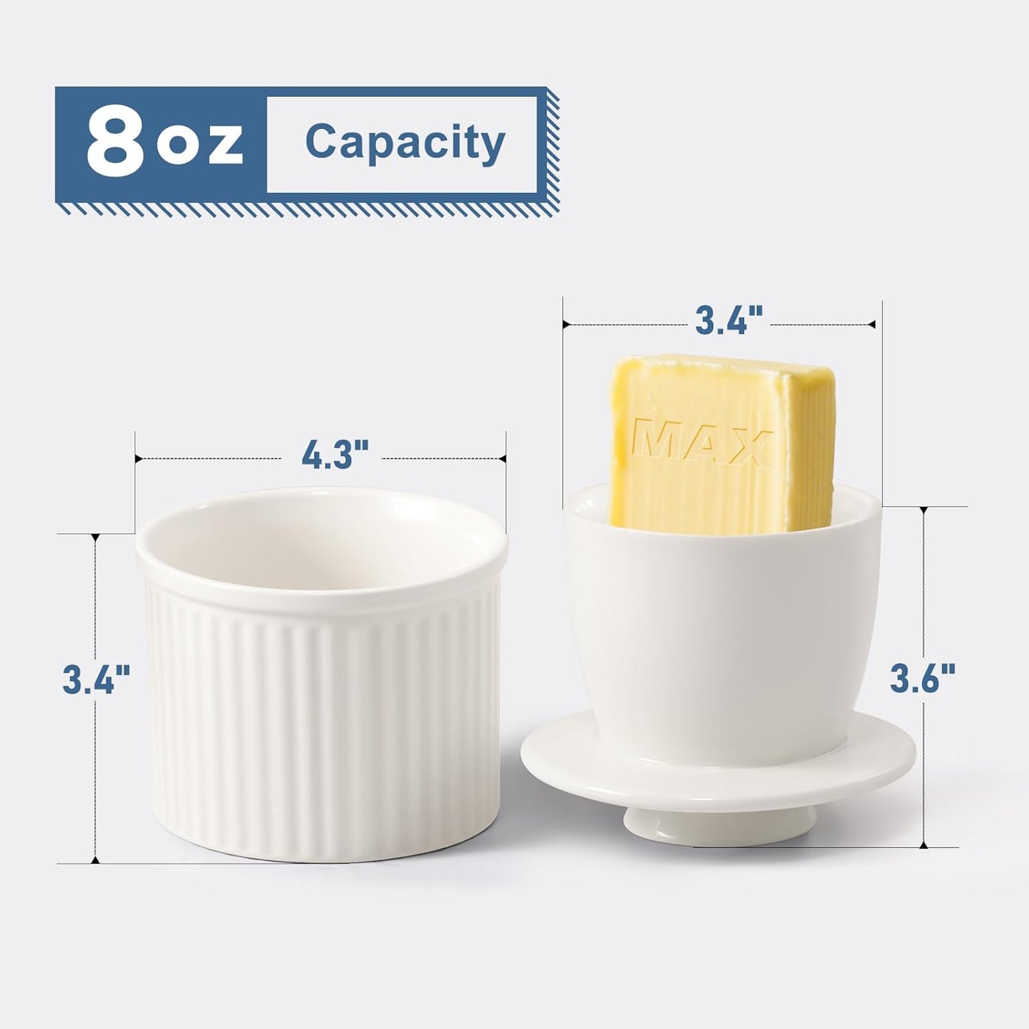 Large Butter Crock for Counter with Water Line, Butter Keeper, Ceramic French Butter Dish Holder for Fresh Spreadable Soft Butter (White, 8 Ounce)