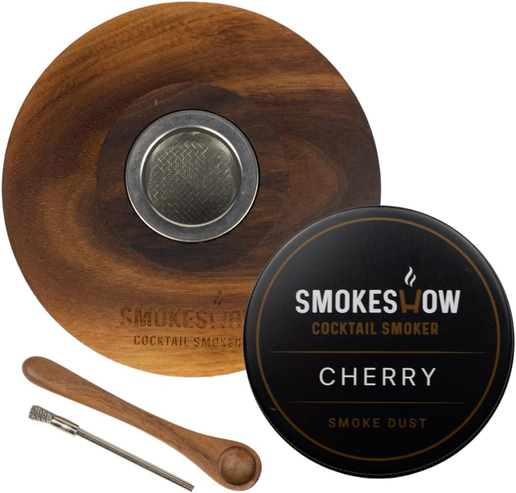 Premium Walnut Wood Cocktail Smoker with One 4 oz Tin of Wood Chips. Great for Whiskey & Old Fashion. Coated in Safe Food Natural Beeswax, Non-toxic Top by Smokeshow (Cherry)