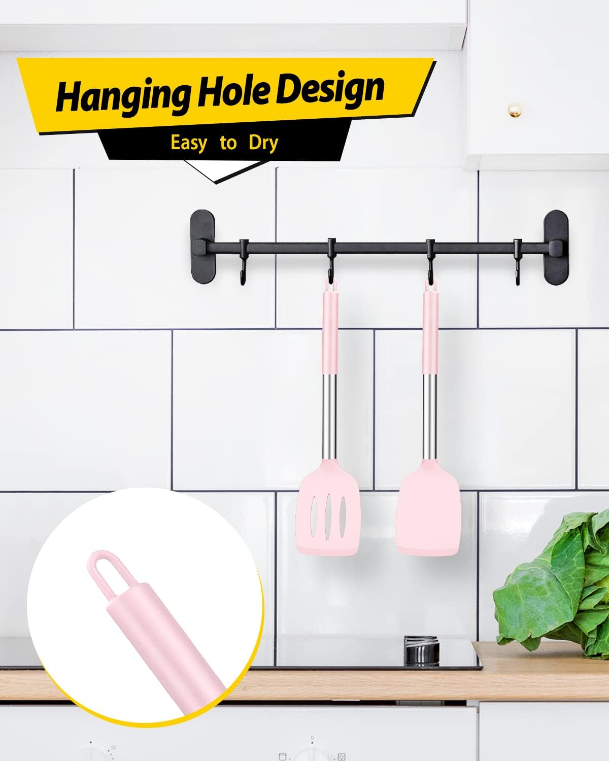 Pack of 2 Silicone Solid Turner, Non Stick Slotted Kitchen Spatulas, High Heat Resistant BPA Free Cooking Utensils, Ideal Cookware for Fish, Eggs, Pancakes(Pink)