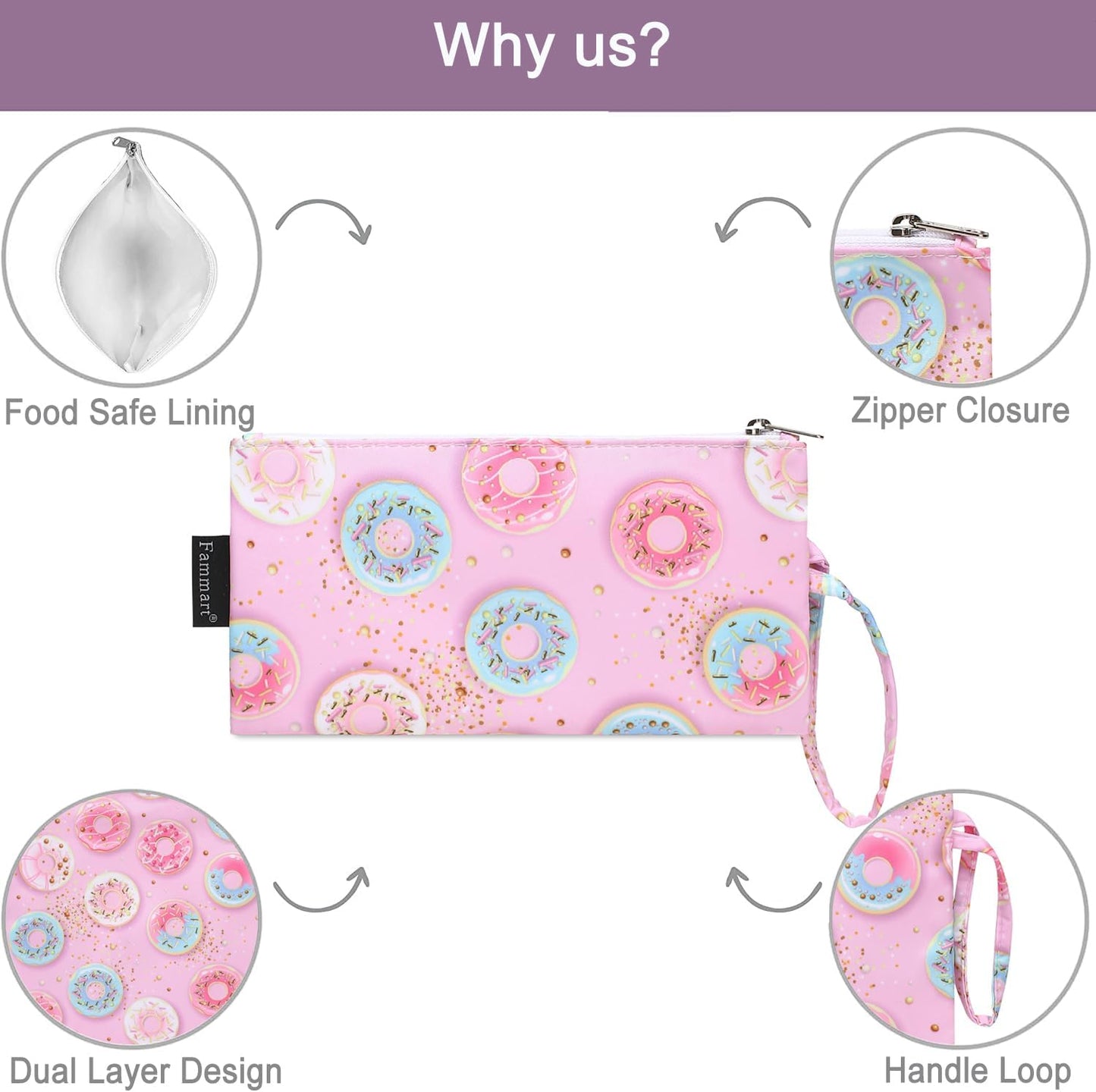 Reusable Sandwich Bag/Snack Bag for Kids & Adults, Dual Layer Lunch Bag with Handle, Washable, Food Safe, BPA Free (2-Pack, Colorful Donut)