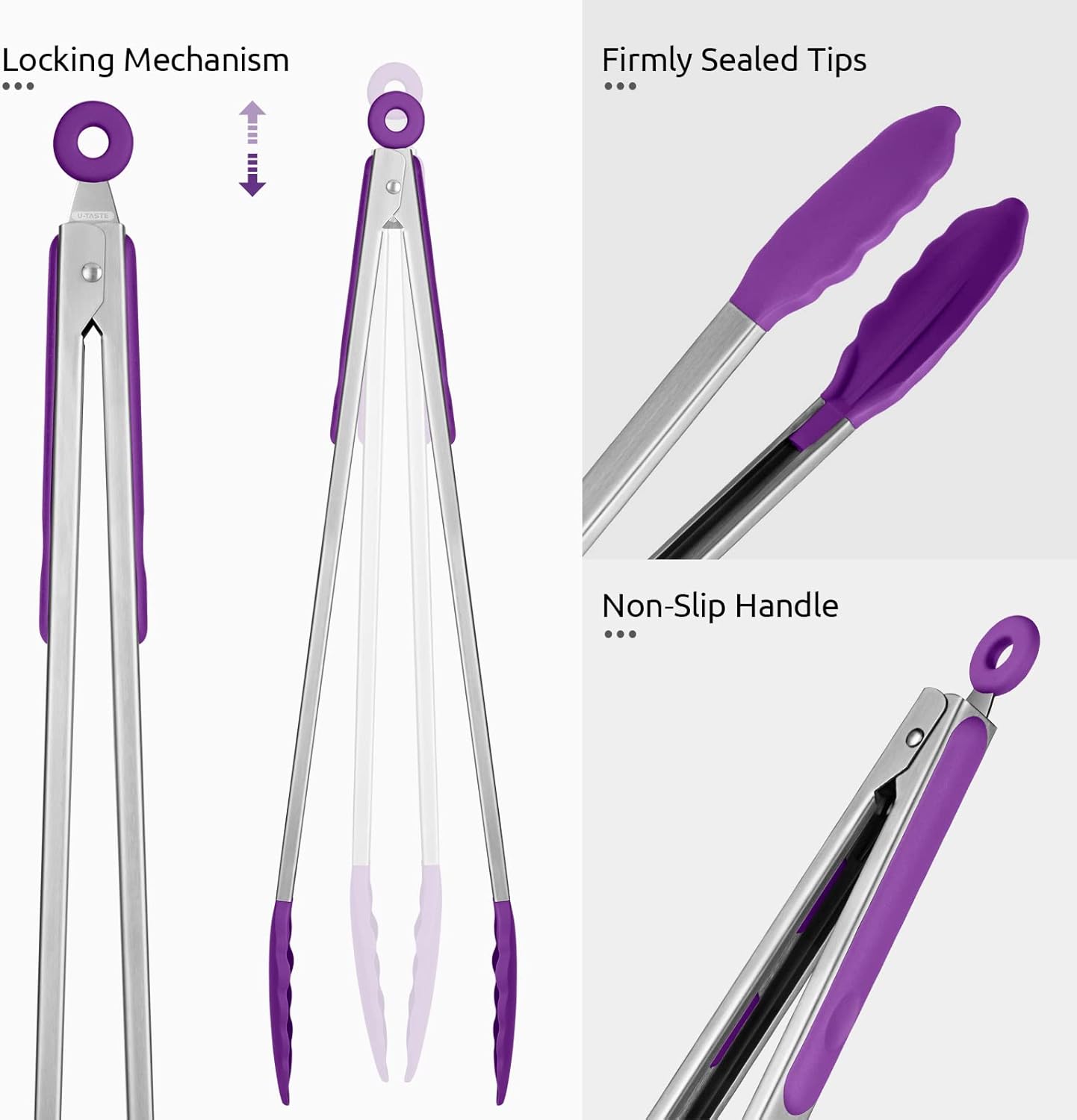 600ºF Heat Resistant Kitchen Tongs: U-Taste 16 inch Extra Long Large Silicone Cooking Tong with Sturdy Non Stick Rubber Tips & Non Slip Silicon Coated 18/8 Stainless Steel Handle for Grill BBQ(Purple)