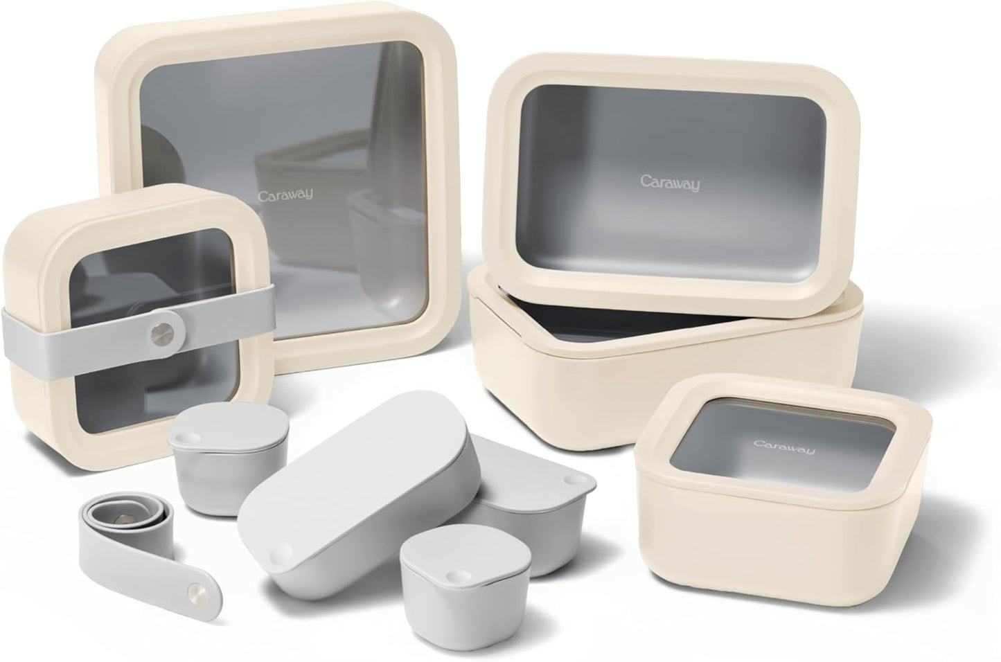 Caraway 14pc Glass Food Storage Container Set - Easy to Store, Non Toxic Lunch Box - with Glass Lids - Includes Storage Organizer & Dot & Dash Inserts - Cream