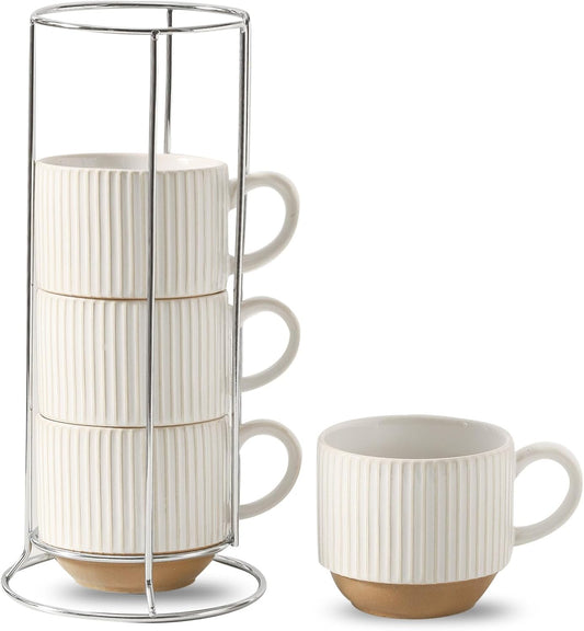 Hasense 15oz Coffee Mug Set of 4 - Stackable Ceramic Mugs with Holder - White & Light Brown Coffe Cups Set for Cappuccino, Tea, Hot Cocoa, Drinks - Wedding & Housewarming Gifts, Everyday Use