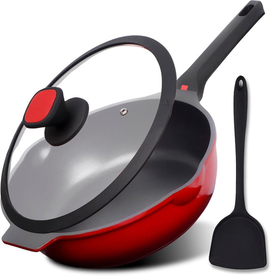 DIIG Nonstick Deep Frying Pan Skillet with Lid, 12 inch/ 5.5 QT Saute Pan with Silicone Spatula, Sauce Cookware Cooking Chef Pans, Cast Aluminum Induction Compatible, Ruby Red