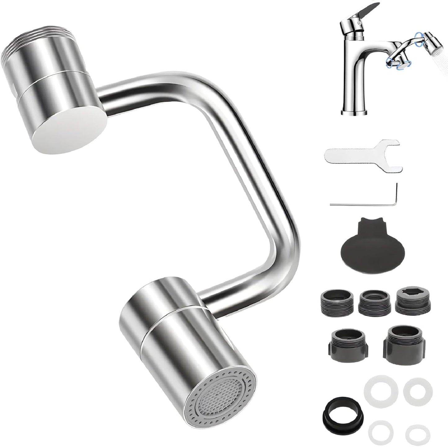 Flexiflow 1080°Rotatable Faucet Aerator, New Rotating Faucet Extender, U Shape Faucet Extender for Bathroom Sink/Kitchen, 2 Sprayer Modes, Multiple Adapters,Universal for Internal/External Thread