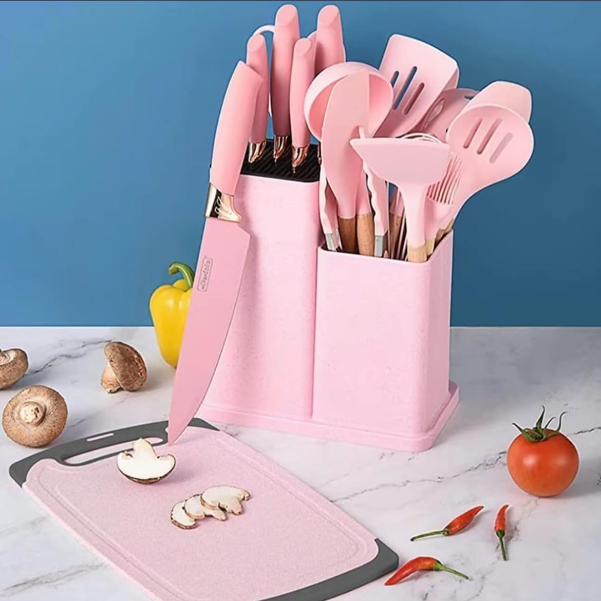 Kitchen Utensil Set with Holder, 19-Piece Silicone Cooking Tools, Wooden Handles, Available in White, Grey, Pink,Black (Pink)