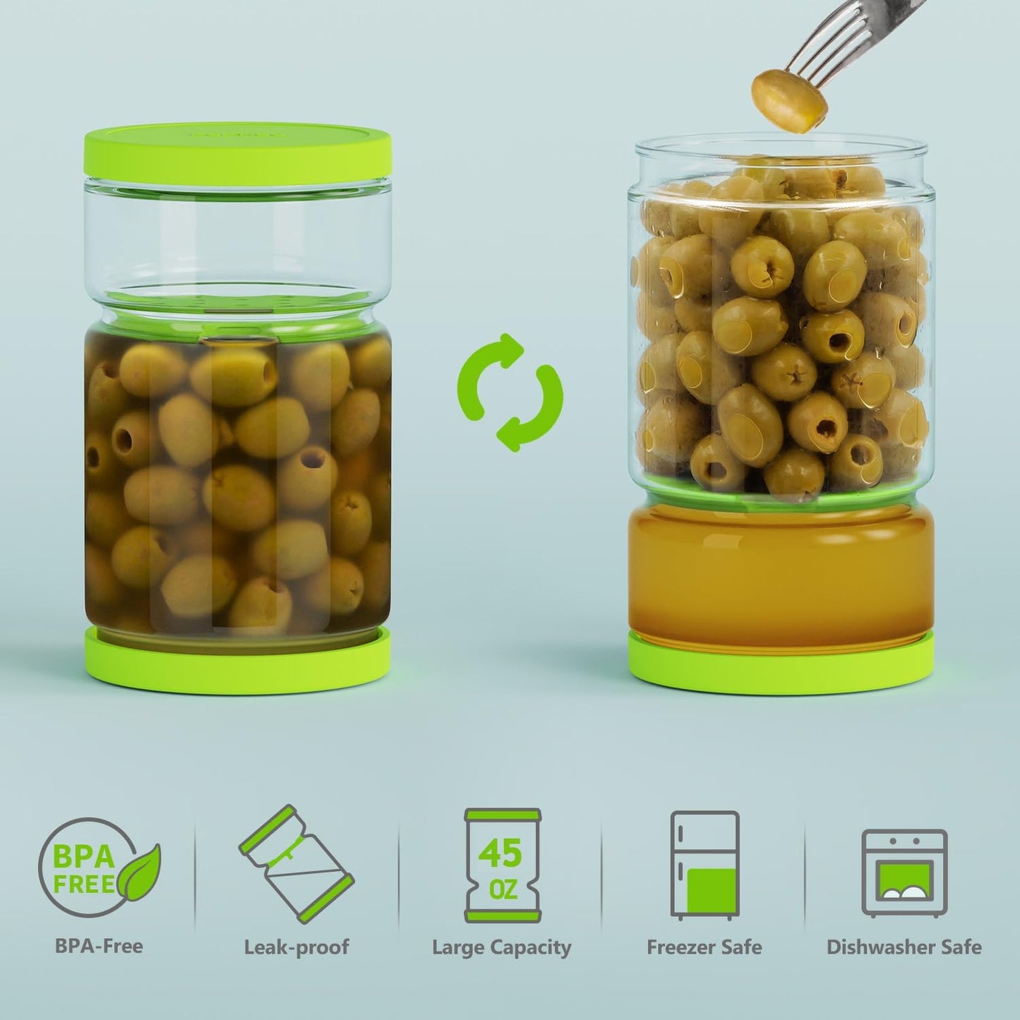 Glass Pickle Jar with Strainer Flip for Pickle Lover - 45 oz Leakproof Airtight Juice Separator for Olive, Gherkin or Chilli, BPA Free, Dishwasher and Refrigerator Safe (Green, 45 oz*1 pack)