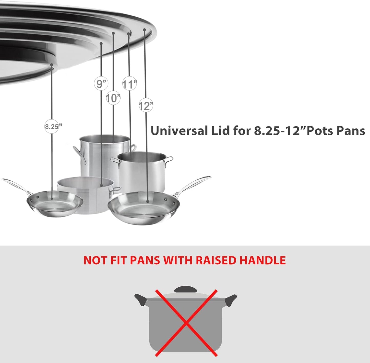 Universal Lid for Pots and Pans - One Size Fits All 8.25-12 Inch Pots Frying Pans Skillets Woks, Replacement Pot Lid with Upgraded Heavy Duty Heat Resistant Silicone Handle, Black