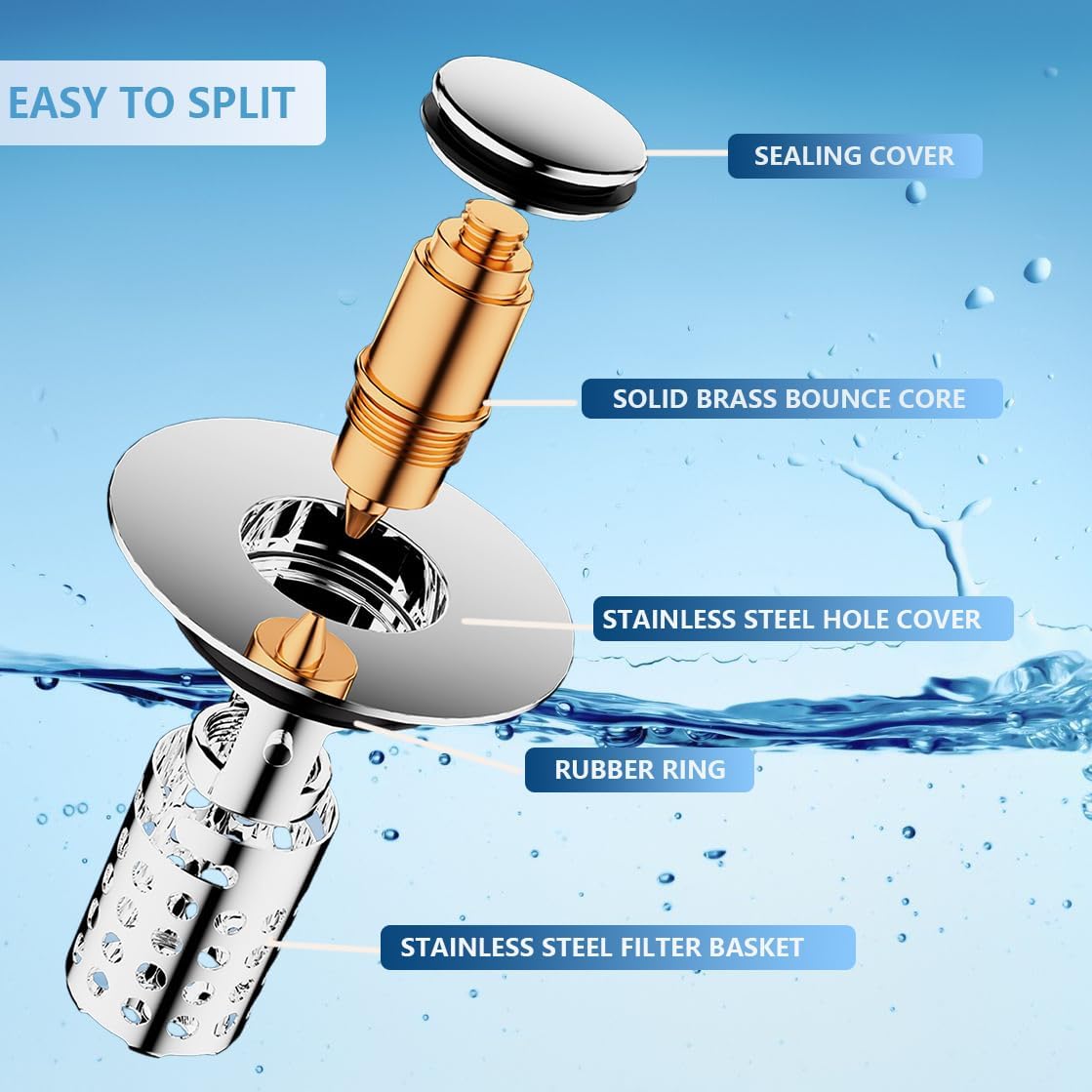 Upgraded Bathroom Sink Stopper Drain Strainer for 1.1-1.45 Inch,Universal Pop Up Stopper with Removable Stainless Steel Filter Basket Hair Catcher,Brass Bounce Core for US Universal