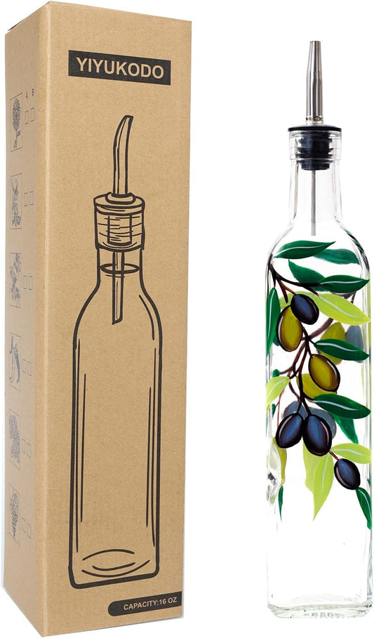 17oz Hand Painted Glass Olive Oil Bottle Dispenser - 500ml Green Oil & Vinegar Cruet with Pourers - Olive Oil Carafe Decanter for Kitchen (olive2)