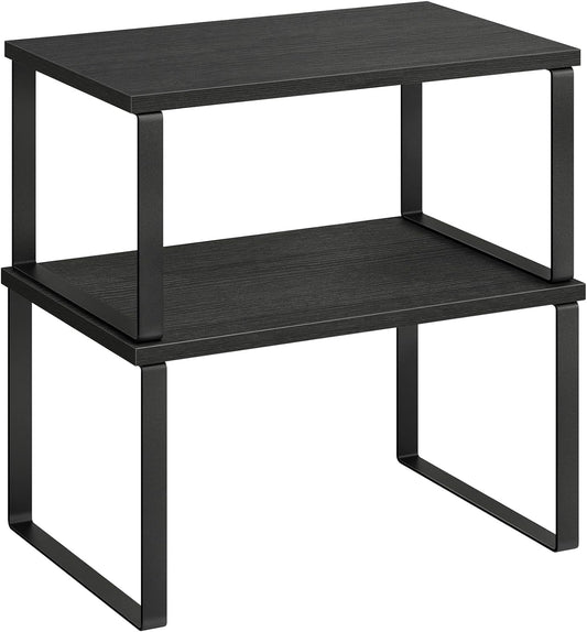 SONGMICS Cabinet Organizer Shelf, Set of 2 Kitchen Counter Shelves, Kitchen Storage, Spice Rack, Stackable, Expandable, Metal and Engineered Wood, Ink Black and Charcoal Black UKCS02B01