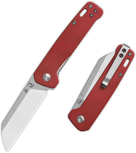 QSP Penguin V2 Folding Pocket Knife, 3.06" D2 Two Tone Finish Stonewash Satin Blade EDC Knife, Red Micarta Handle, Liner Lock, Ceramic Ball Bearings, Reversible SS Deep Carry Clip