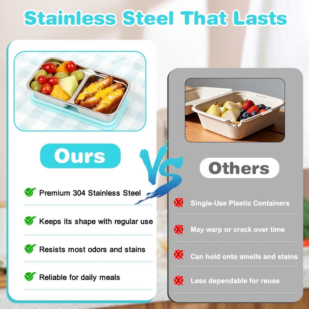 YQL 4 Pack Stainless Steel Snack Containers with Lids, Double Compartment Food Storage Boxes for Lunch Prep, Reusable Leakproof Bento Snack Boxes for Travel, Office, Camping