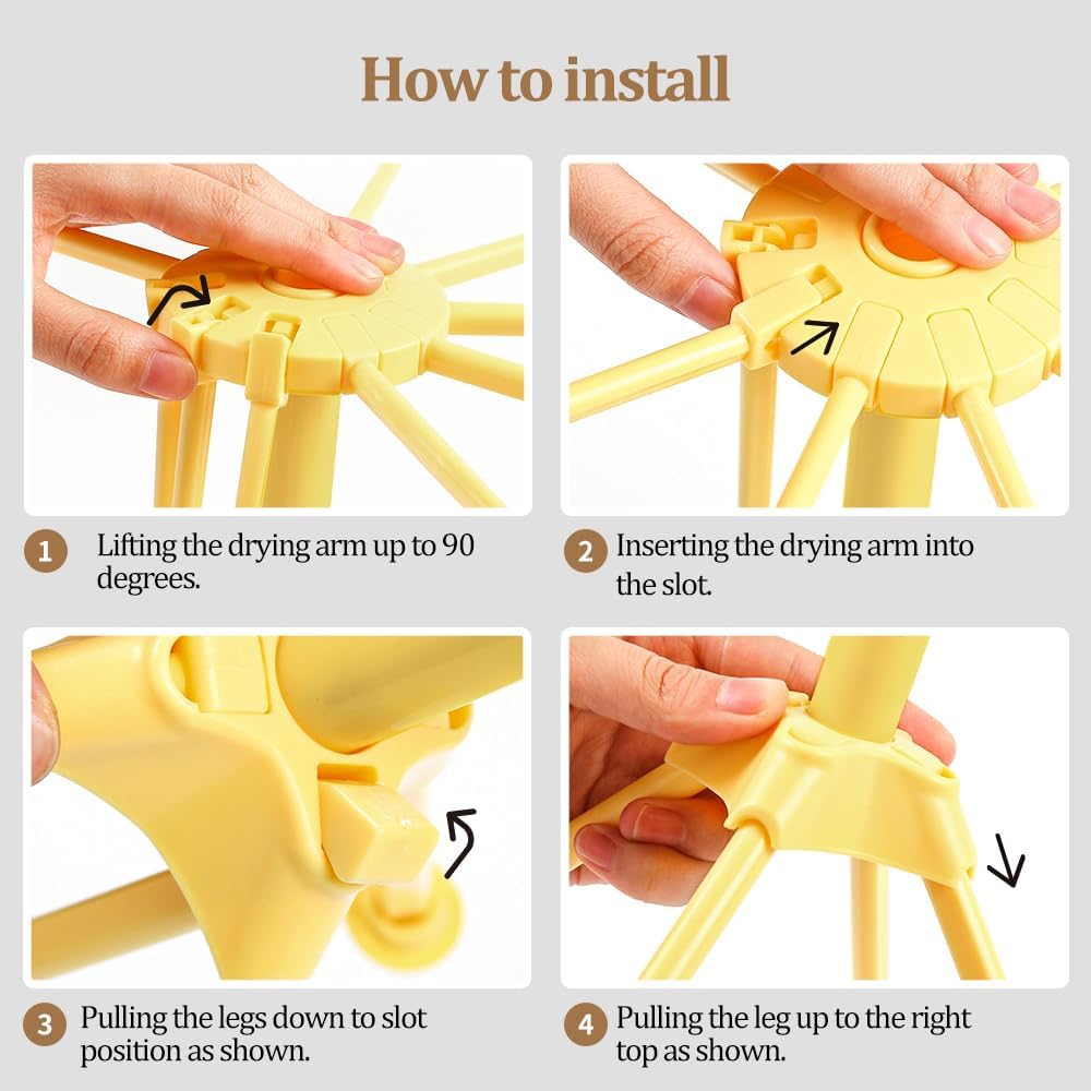 Ourokhome Collapsible Pasta Drying Rack, Plastic Foldable Homemade Fresh Spaghetti Stand Dryer Noodle Hanger for Kitchen with 10 Arms, Stable, Easy Storage, Quickly Set Up (Yellow)