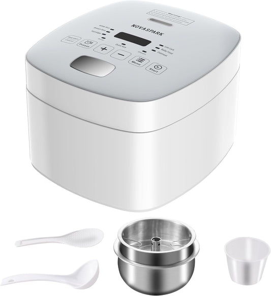 Novaspark Low Carb Rice Cooker Stainless Steel Inner Pot, Mini Stainless Steel Rice Cooker Small 5 Cup, LED Display Low Sugar Rice Maker, 24H Timer and Auto Keep Warm, White Rice/Porridge/Oatmeal, White