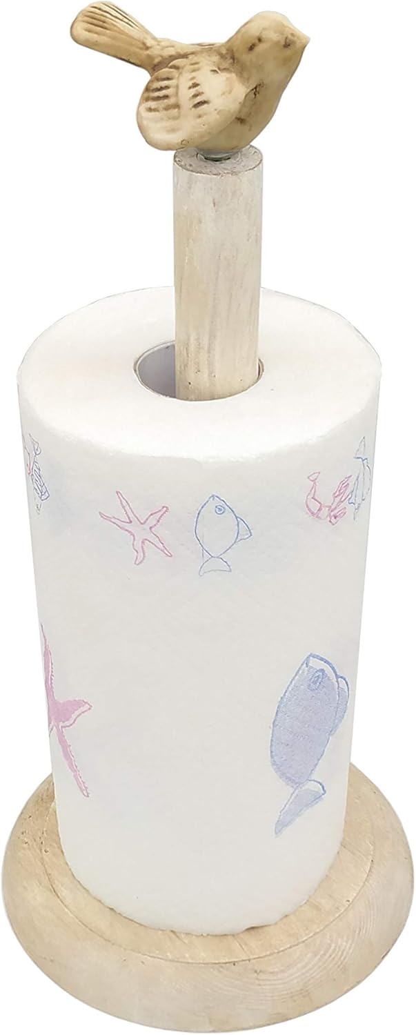 Bird Design Shabby Whitewashed Wood Paper Towel Holder Stand Up Paper Towel Holder, Easy One-Handed Tear Kitchen Paper Towel Dispenser with Weighted Base for Standard Paper Towel Rolls