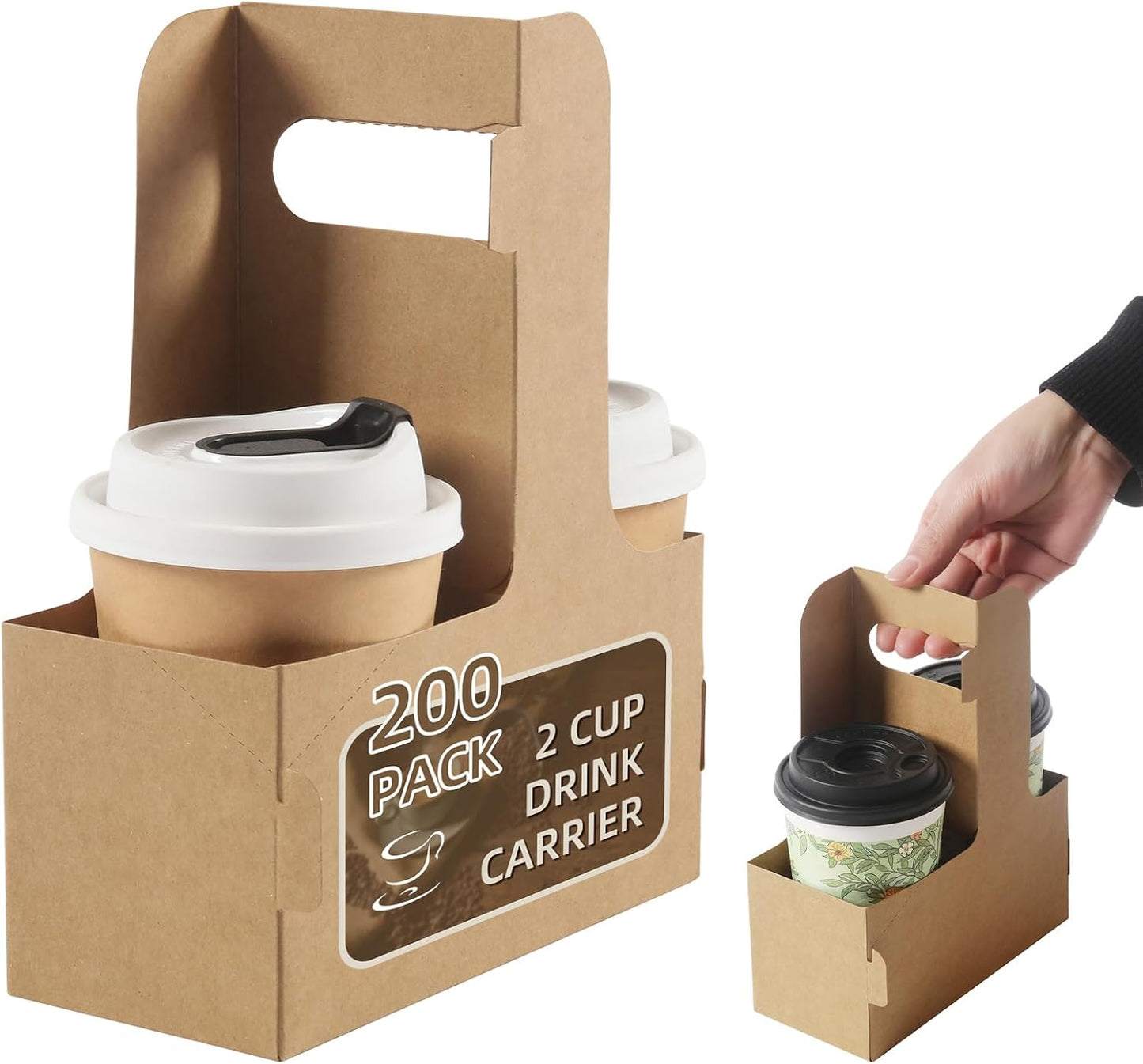 Disposable Coffee Cup Carrier for Delivery, 2 Cup Paperboard Cup Holder Portable Drink Holder Take Out Drink Carrier with Handle for Hot & Cold Drinks, 200 Pack