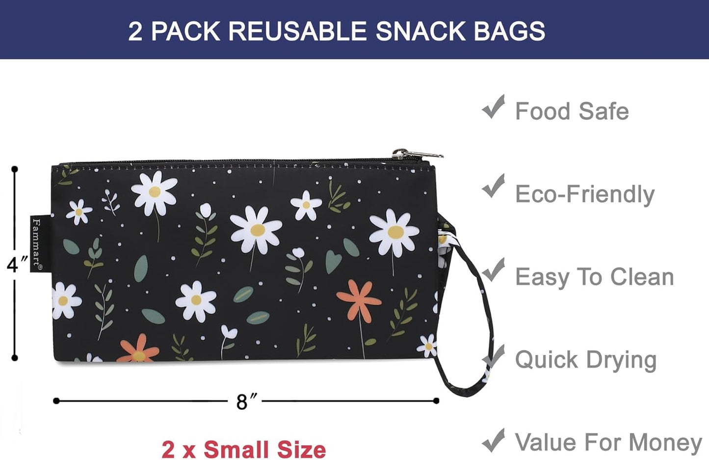 Reusable Sandwich Bag/Snack Bag for Kids & Adults, Dual Layer Lunch Bag with Handle, Washable, Food Safe, BPA Free (2-Pack, Daisy)