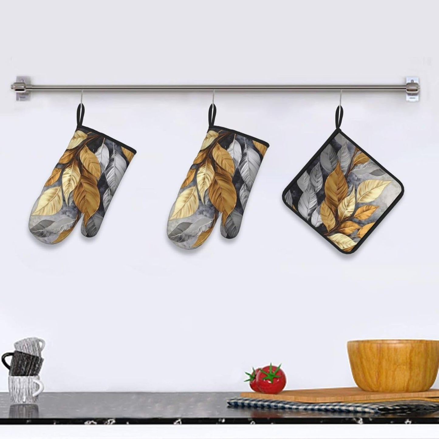 Gold Silver Tropical Leaves Oven Mitts and Pot Holders Sets of 3 Modern Hot Pads Heat Resistant Non Slip Washable for Cooking Grilling Baking BBQ Kitchen Decor
