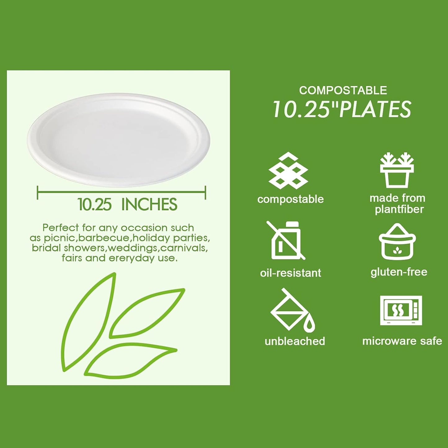 Vplus 150 Pack Compostable Disposable Paper Plates 10.25 inch Super Strong Paper Plates 100% Bagasse Natural Biodegradable Eco-Friendly Sugarcane(white)