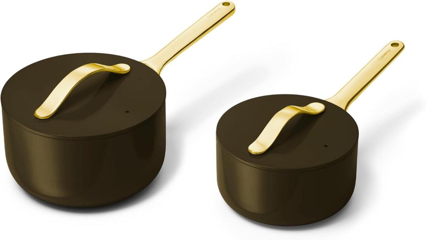 Caraway Nonstick Ceramic Sauce Pans with Lids (3 qt & 1.75 qt) - Non Toxic, PTFE & PFOA Free - Oven Safe & Compatible with All Stovetops (Gas, Electric & Induction) - Black