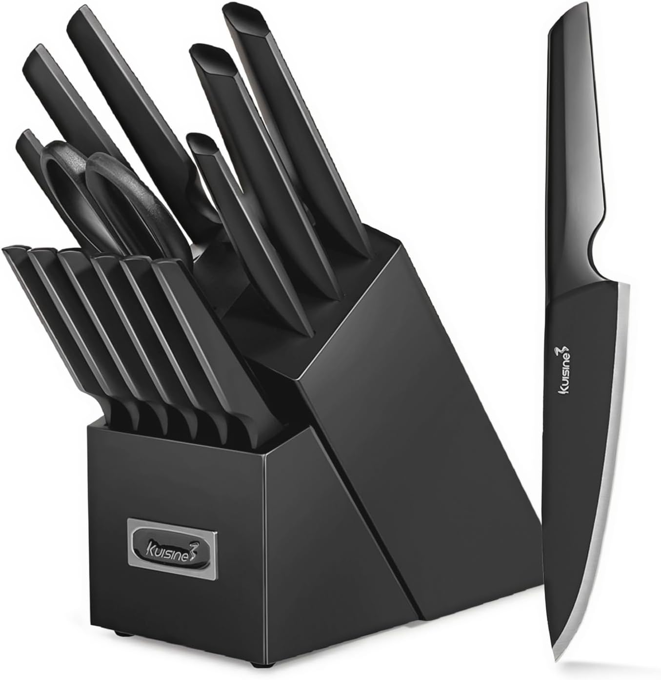 KUISINE Chef Knife Set One Piece Molding High Carbon Stainless Steel,Super Sharp Blade Ergonomic Steel Handle,Knife Block Set with Built-in Sharpener(EX Black Pro,15PCS)