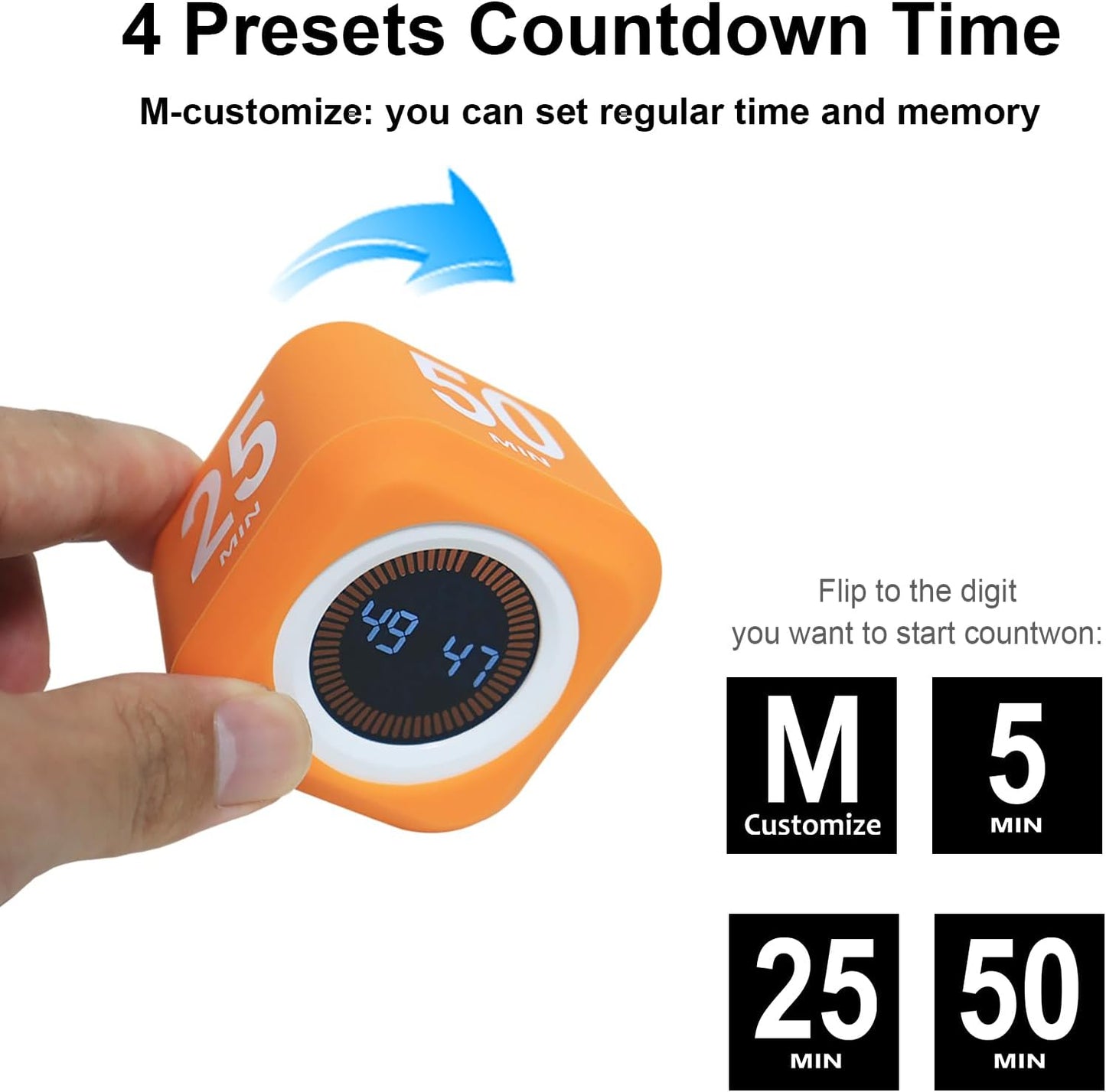 Rotating Cube Visual Timer 5, 25, 10 50 Minutes Preset + Custom Countdown, Rechargeable Desk Productivity Flip Timer with Detachable Silicone Cover for ADHD Study Work Kitchen School (White)