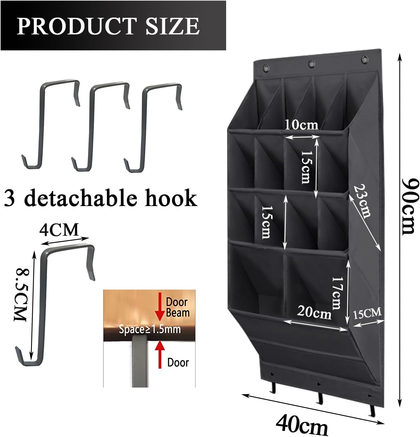 Over the Door Shoe Organizer, 14 Pockets Hanging Shoe Storage Rack with Large Deep Pockets, Oxford 600D Fabric Grey Shoe Storage Rack with 6 hook for Shoes, Slipper,Home Accessories etc