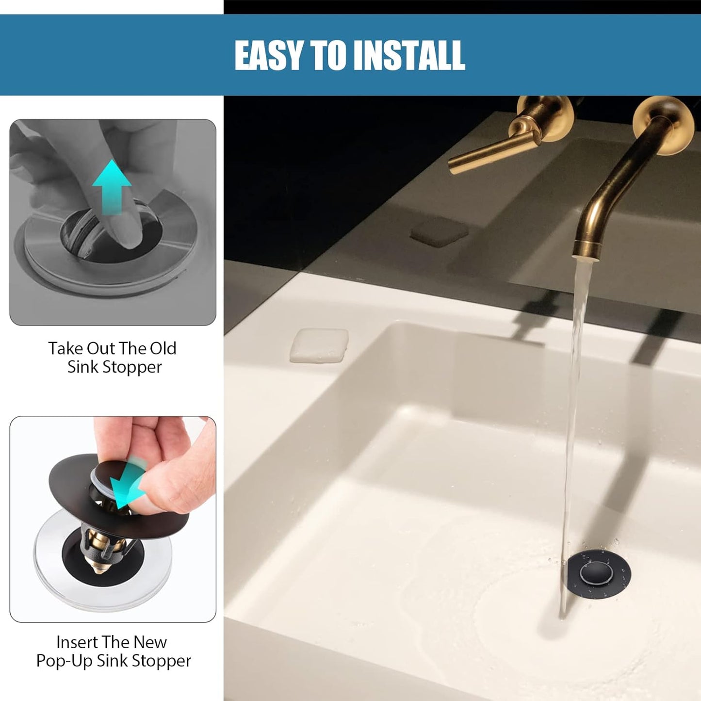 Three colors Bathroom Sink Stopper, 1.1-1.5" Bathroom Sink Strainer, Universal WashBasin Pop Up Drain Stopper, Bounce Core Push Type Sink Plug, Anti-Clogging, Stainless Steel (Matte Black,1PCS)