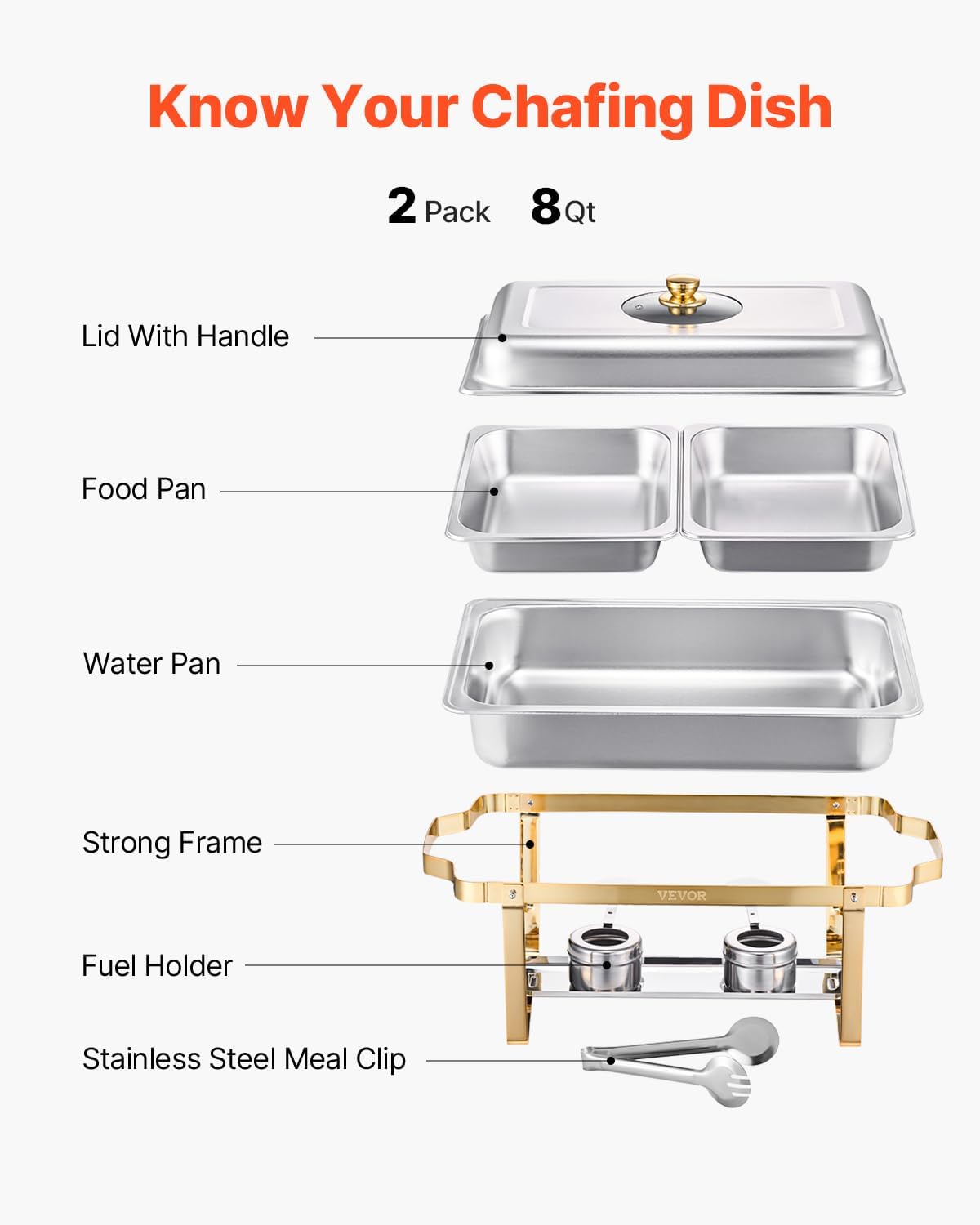 VEVOR Chafing Dish Buffet Set,8 Qt 2 Pack, Stainless Steel Chafer with 4 Half Size Pans, Rectangle Catering Warmer Server with Glass Lid Water Pan Folding Stand Fuel Holder, for Wedding Party Banquet