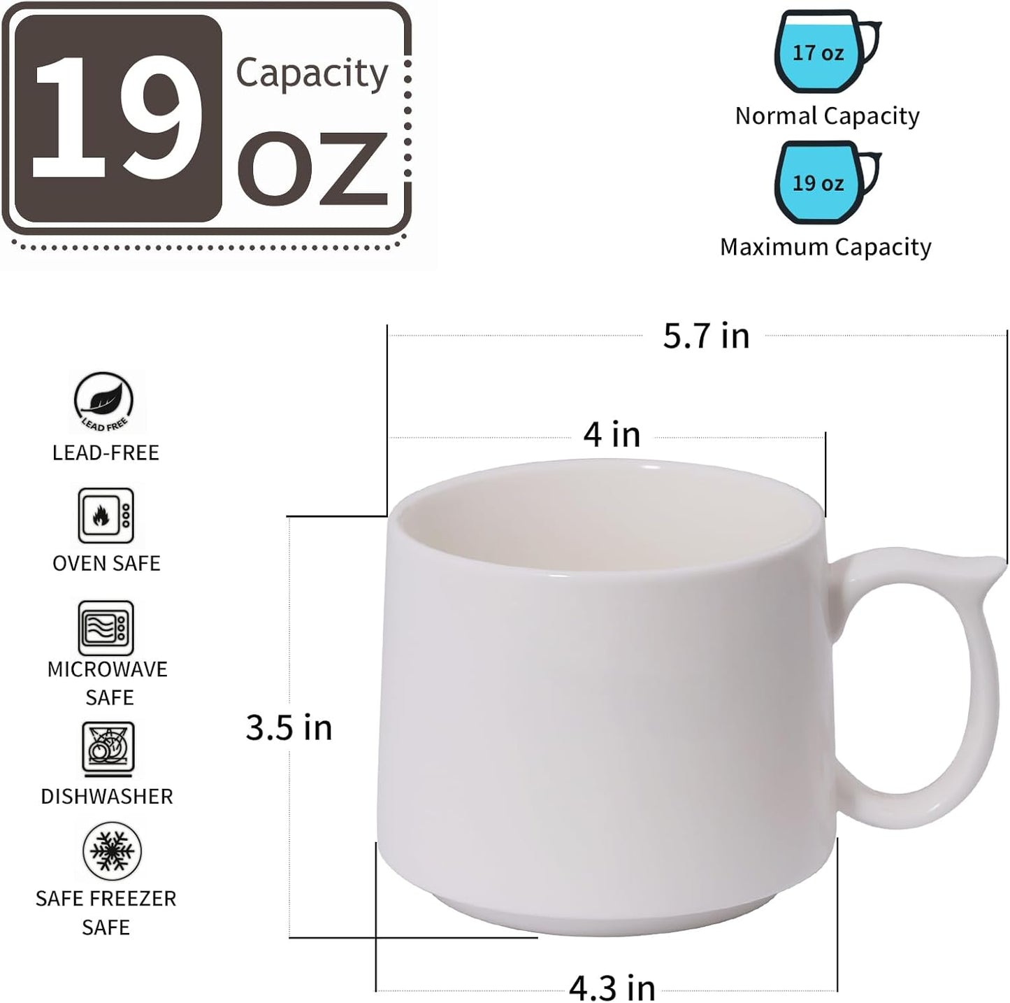 19 oz Large Coffee Mugs Set of 4, Stackable Ceramic Coffee Mugs with Large Handles for Coffee, Latte, Cappuccino, Milk, Dishwasher & Microwave Safe, Ideal for Men, Women, Dads and Moms (White)