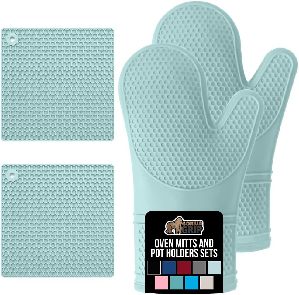 GORILLA GRIP BPA-Free Soft Silicone Oven Mitts and Pot Holders Sets of 4, Heat Resistant Waterproof Cooking Gloves, Thick Cotton Lining, Flexible Gripping for Baking Grilling, Kitchen Trivets, Mint