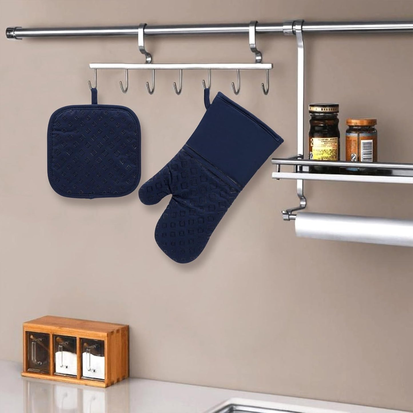 Set of 4 Oven Mitts and Pot Holders, 482 F Heat Resistant Hot Plate Moving Non-Slip Gloves for BBQ, Grill, Baking, Cooking, Oven, Microwave (Deep Blue)