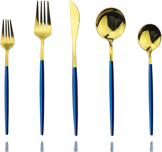 Blue Gold Silverware Set, JASHII 30-Piece Stainless Steel Satin Finish Flatware Set, Kitchen Utensil Set, Mirror Polished Tableware Cutlery Set for Home and Restaurant, Dishwasher Safe