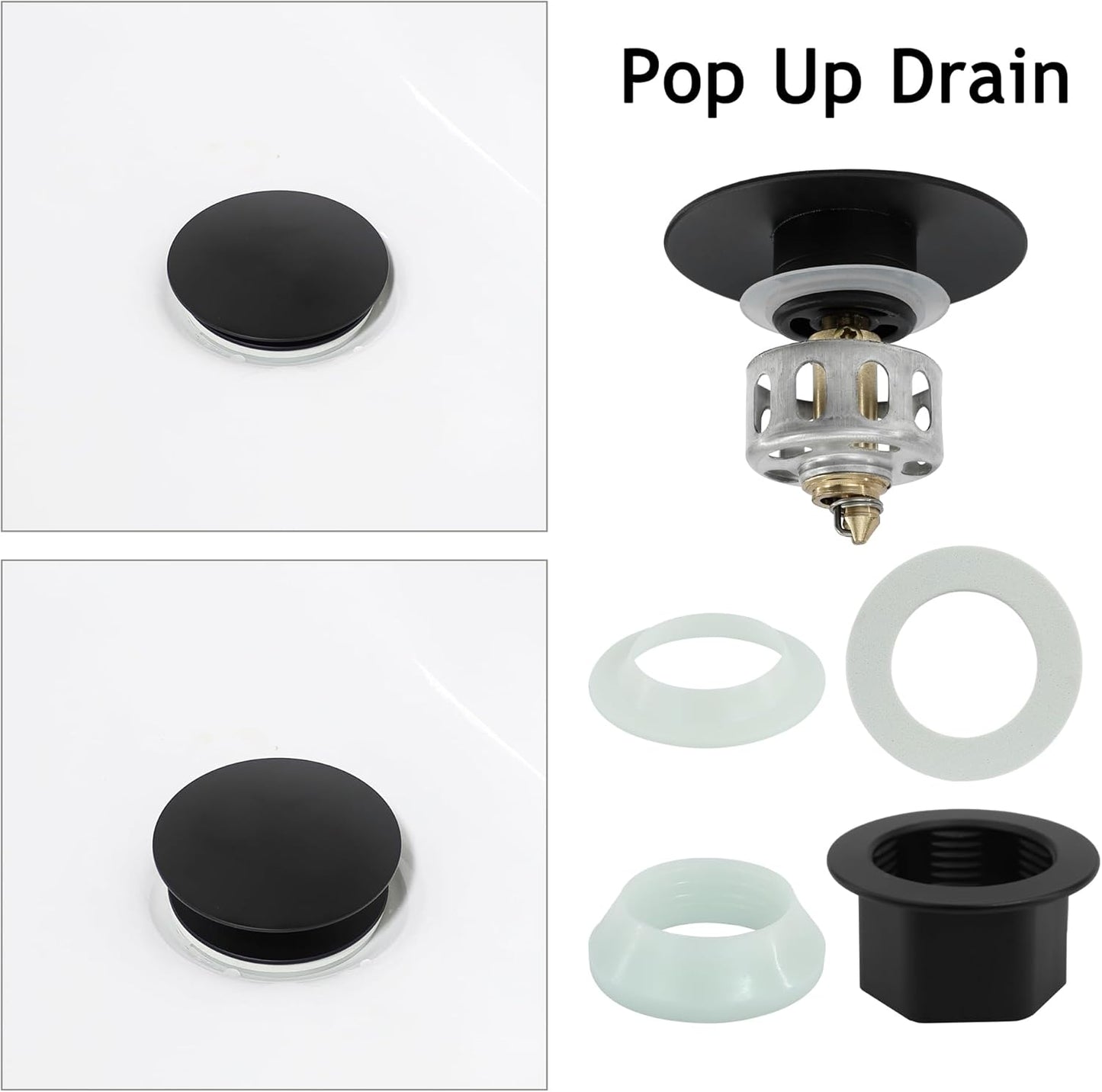 Bathroom Sink Drain,4 Pack Drain Stopper with Overflow,Pop Up Drain Assembly with Detachable Strainer Basket,Built-in Anti-Clogging, Stainless Steel Nut Mattle Black